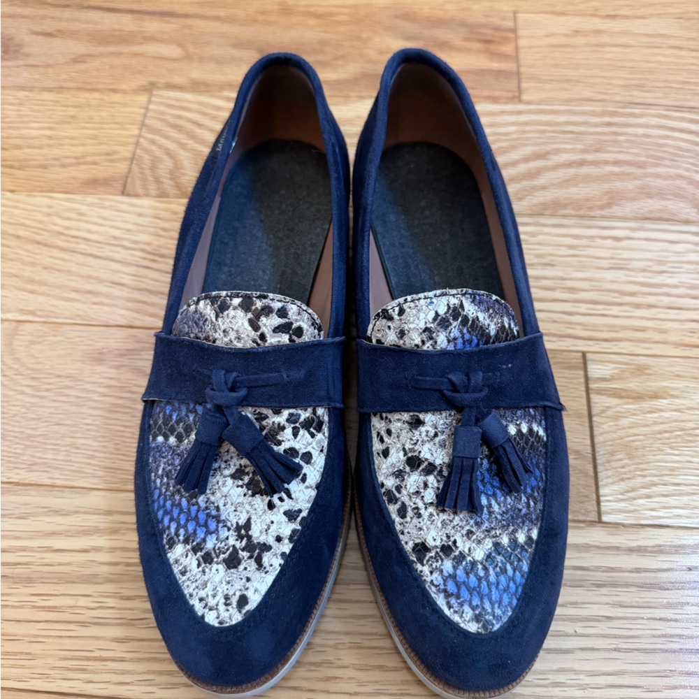 Mephisto Navy Suede Loafers with Snakeskin & Tassel Detail